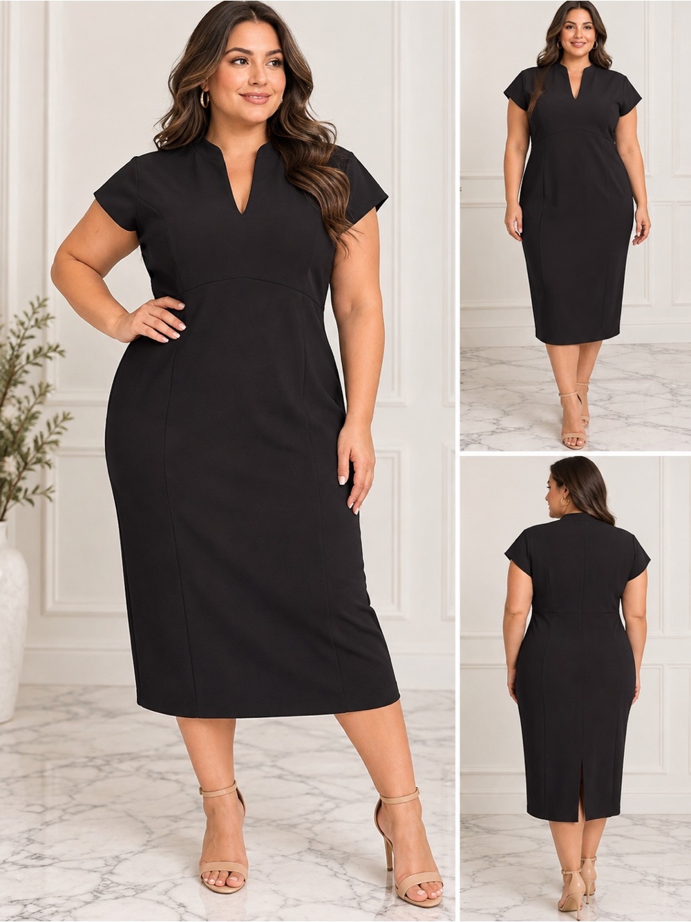 Marc New York Black Sheath Dress Size 16 XL V-Neck Cap Sleeve Stretch